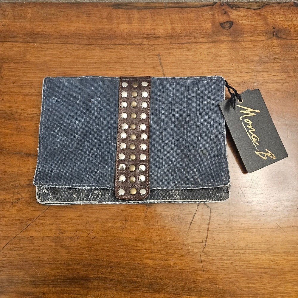 Mona B Blue Studded Upcycled Canvas‎ Clutch Crossbody Bag NWT READ